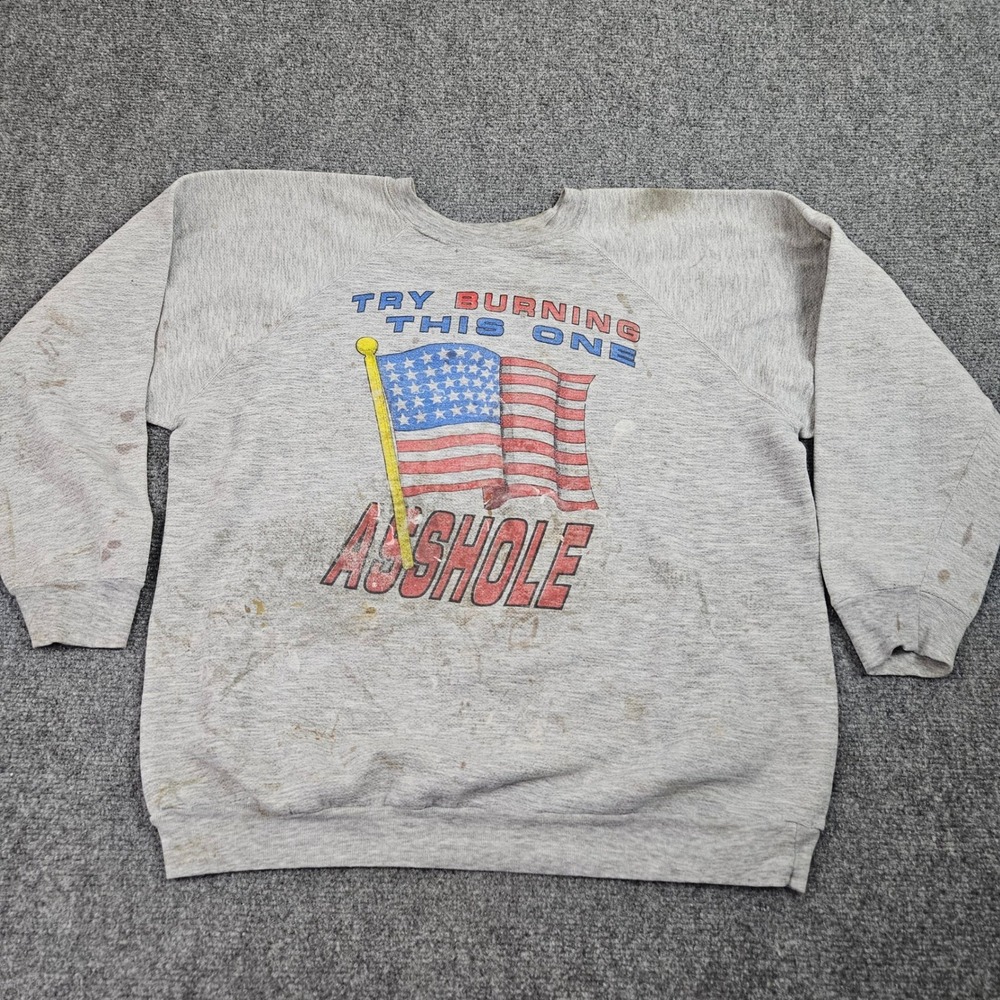 Vintage 90s Patriotic Flag Crewneck Sweatshirt‎ XL Made USA Gray Grunge Workwear